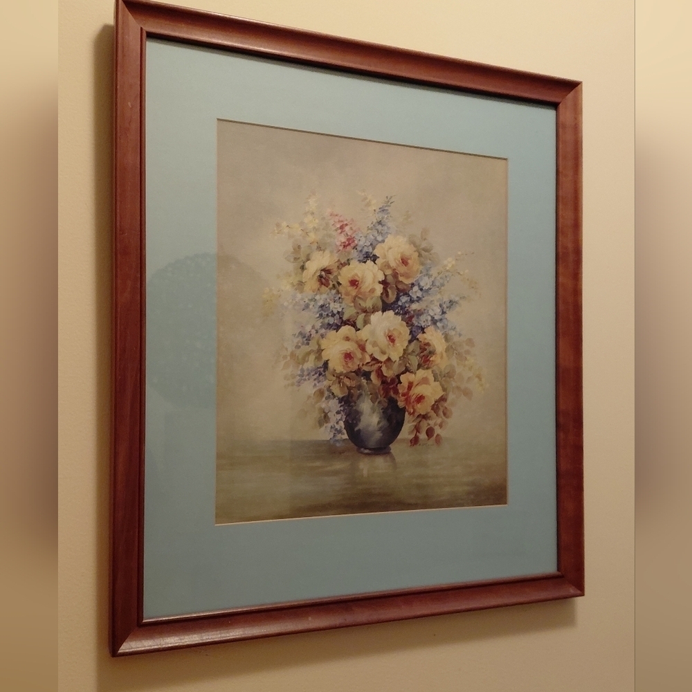Vtg. Floral Art Print in Wooden Frame Vintage